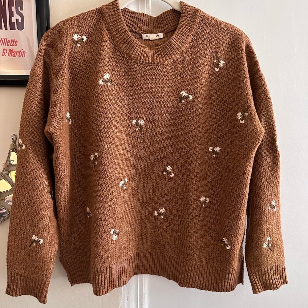 Brown Sweater with Floral Embroidery